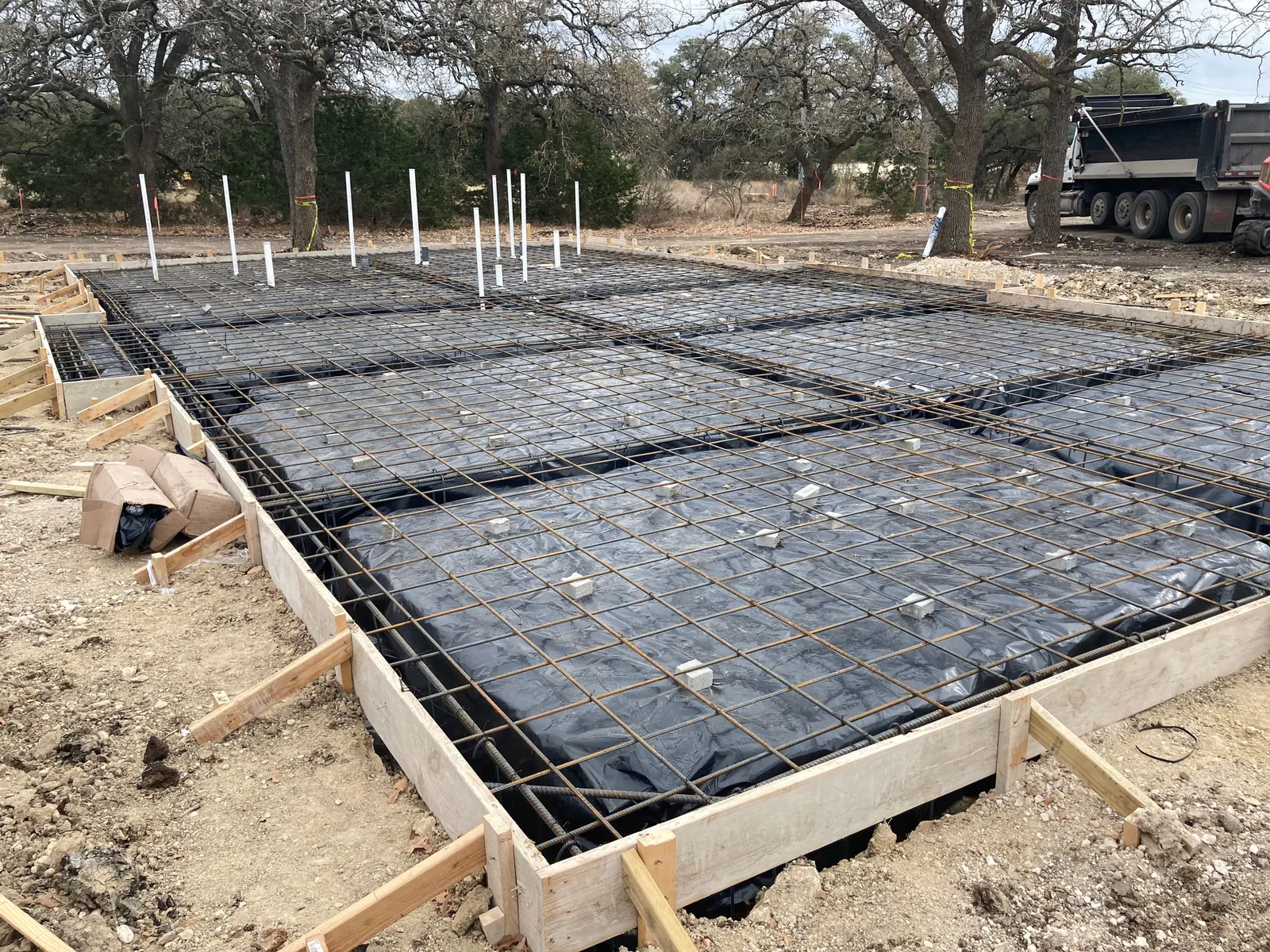 Foundation forms and rebar set for a slab-on-grade pour